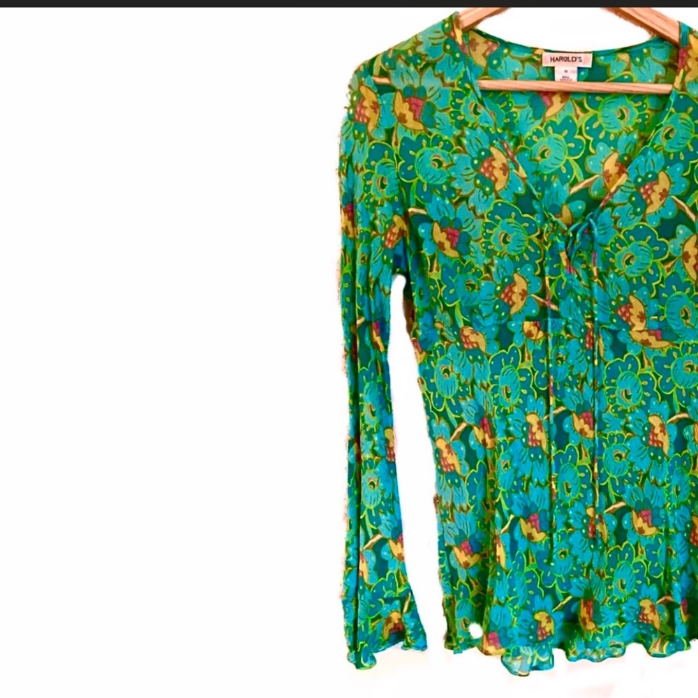 Harolds 100% Silk Tie Front Green Floral Top Blouse - Picture 4 of 8